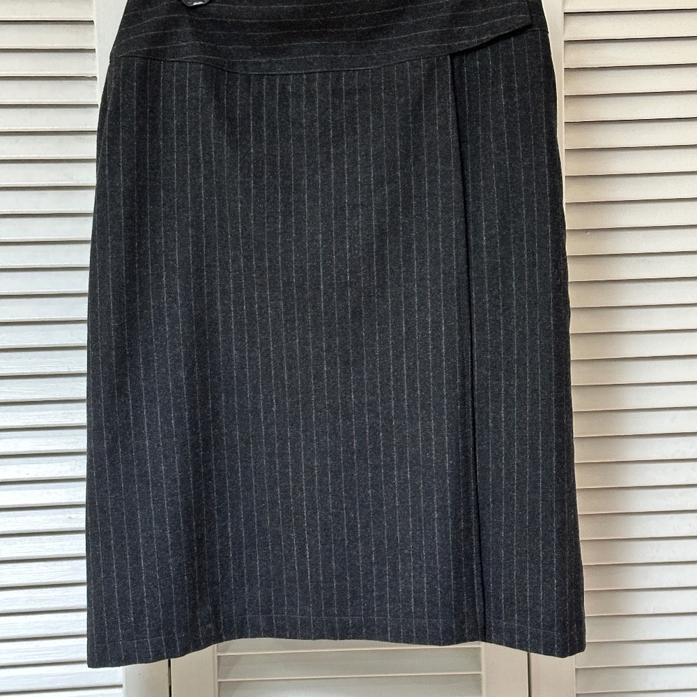Gray Pinstripe Wool Wrap Skirt Midi Made in France Size 10